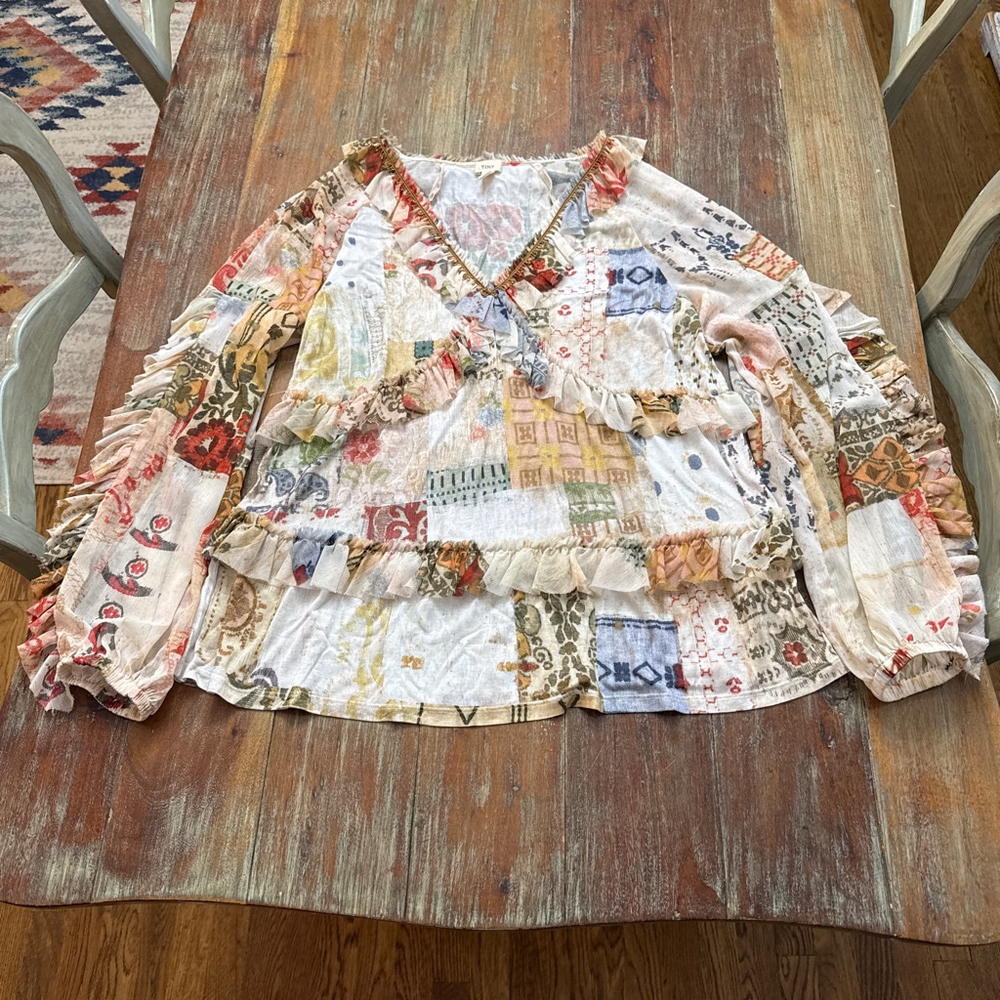 Anthropologie TINY Patchwork Boho Blouse - Ruffle… - image 1